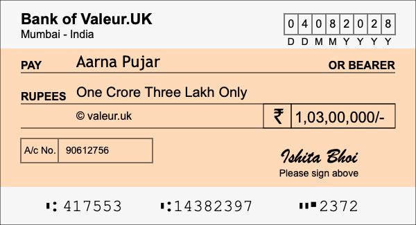How to write a cheque for 1.03 crore rupees