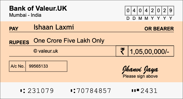 How to write a cheque for 1.05 crore rupees