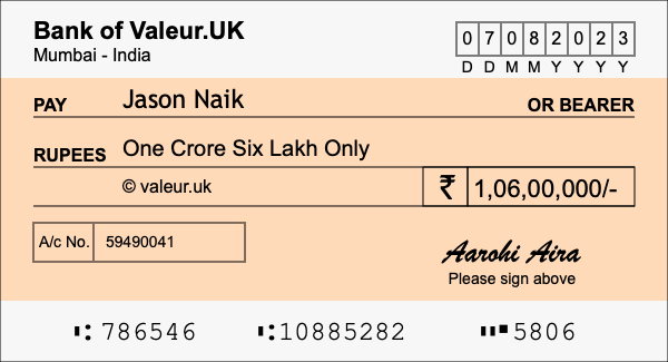 How to write a cheque for 1.06 crore rupees