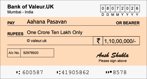 How to write a cheque for 1.1 crore rupees