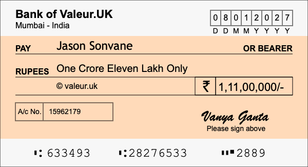 How to write a cheque for 1.11 crore rupees