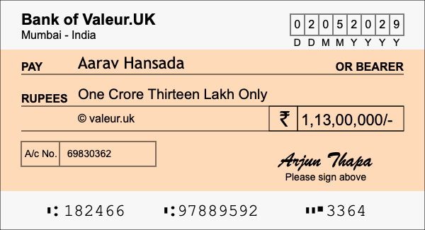 How to write a cheque for 1.13 crore rupees