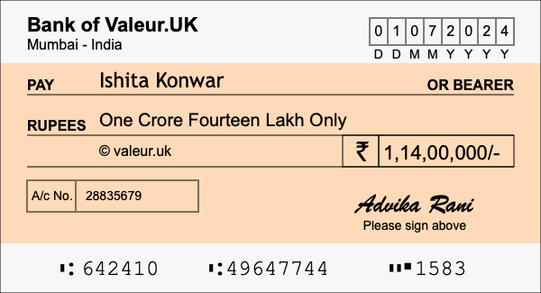 How to write a cheque for 1.14 crore rupees