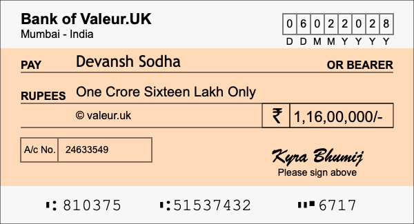 How to write a cheque for 1.16 crore rupees