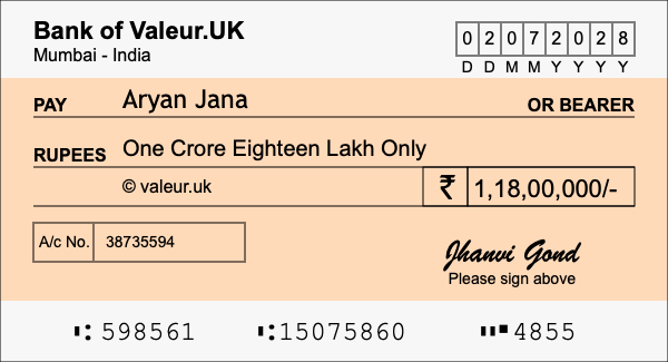 How to write a cheque for 1.18 crore rupees