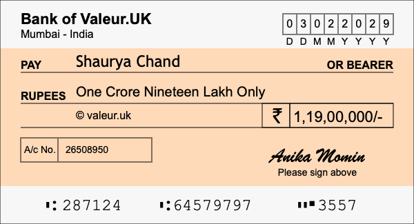 How to write a cheque for 1.19 crore rupees