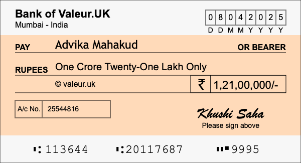 How to write a cheque for 1.21 crore rupees