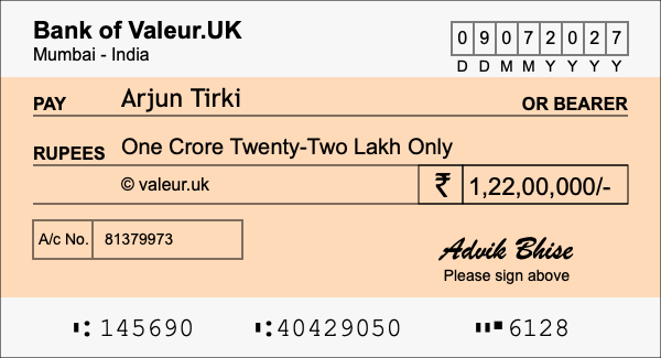 How to write a cheque for 1.22 crore rupees