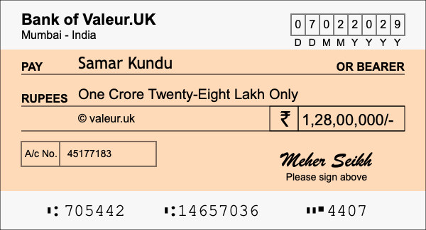 How to write a cheque for 1.28 crore rupees