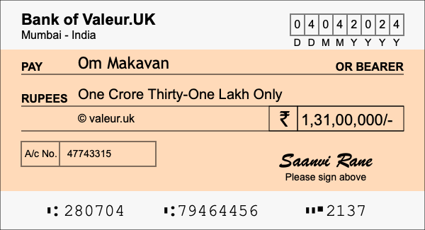 How to write a cheque for 1.31 crore rupees