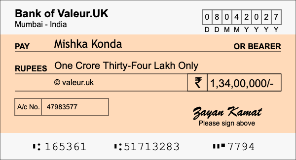 How to write a cheque for 1.34 crore rupees