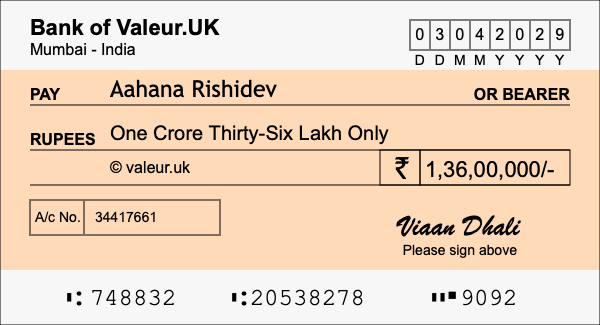 How to write a cheque for 1.36 crore rupees