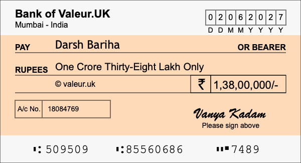 How to write a cheque for 1.38 crore rupees