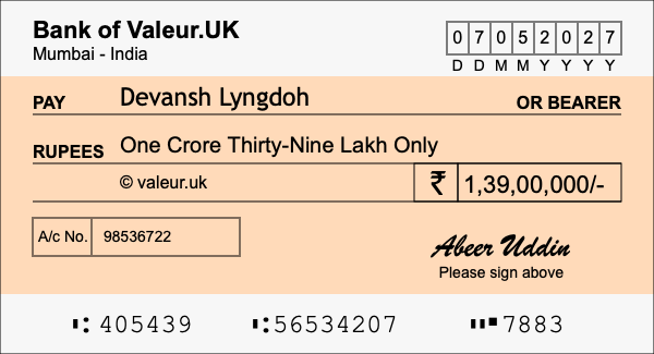 How to write a cheque for 1.39 crore rupees