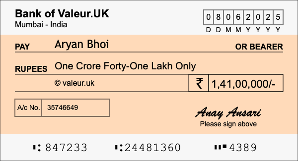 How to write a cheque for 1.41 crore rupees