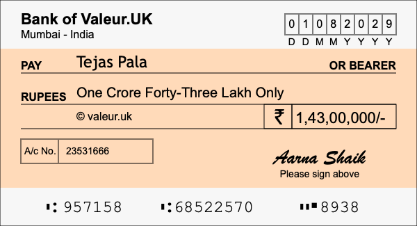 How to write a cheque for 1.43 crore rupees