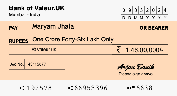 How to write a cheque for 1.46 crore rupees