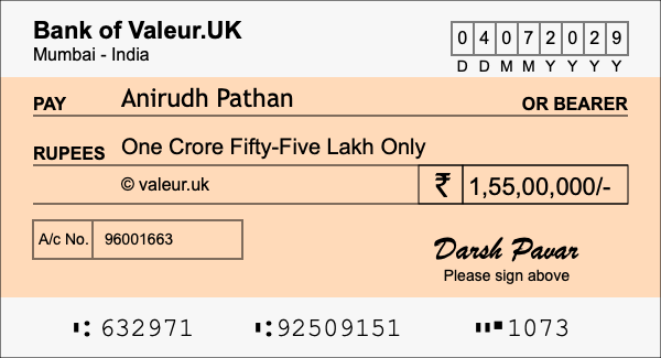 How to write a cheque for 1.55 crore rupees