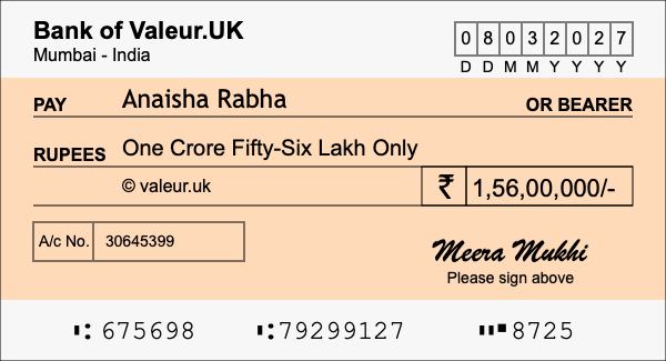 How to write a cheque for 1.56 crore rupees