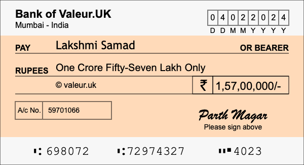 How to write a cheque for 1.57 crore rupees