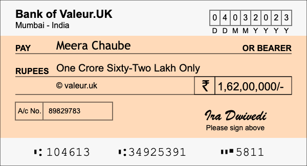 How to write a cheque for 1.62 crore rupees