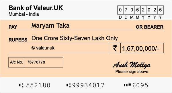 How to write a cheque for 1.67 crore rupees