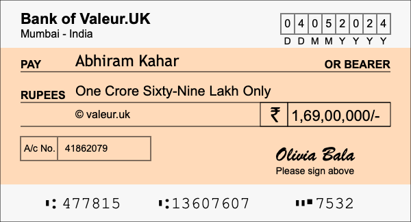 How to write a cheque for 1.69 crore rupees