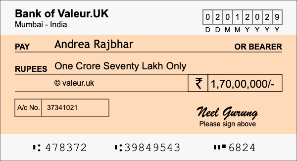 How to write a cheque for 1.7 crore rupees