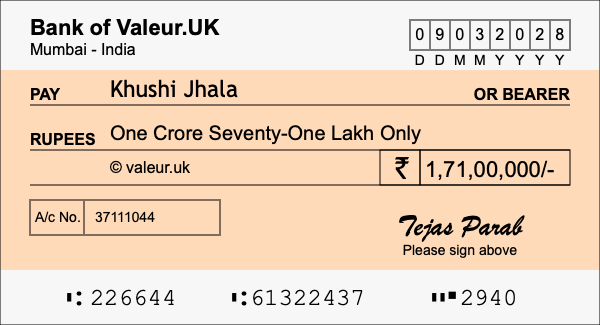 How to write a cheque for 1.71 crore rupees