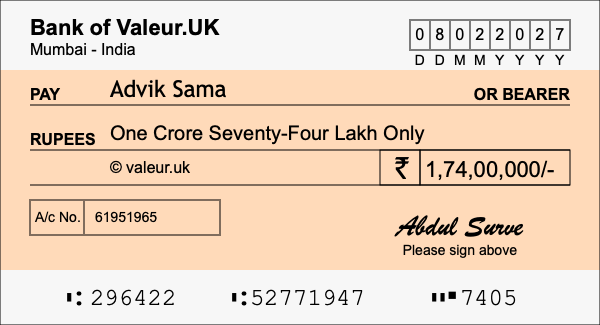 How to write a cheque for 1.74 crore rupees