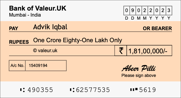 How to write a cheque for 1.81 crore rupees
