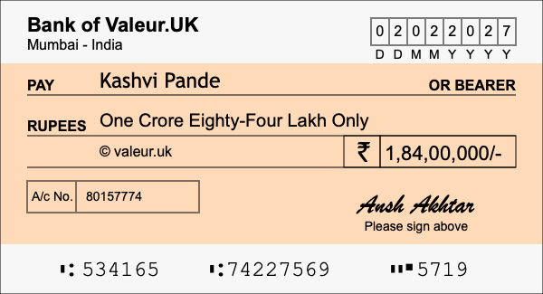 How to write a cheque for 1.84 crore rupees