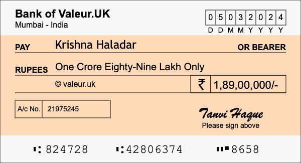 How to write a cheque for 1.89 crore rupees