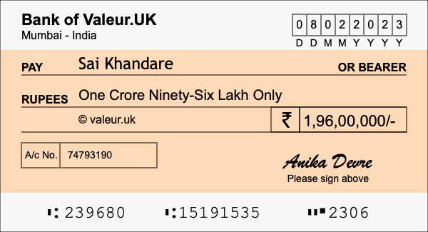 How to write a cheque for 1.96 crore rupees