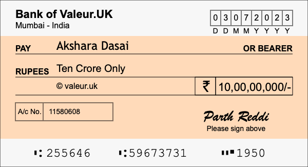 How to write a cheque for 10 crore rupees