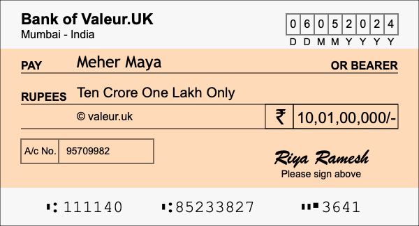 How to write a cheque for 10.01 crore rupees