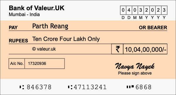 How to write a cheque for 10.04 crore rupees