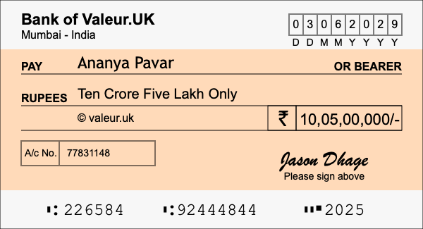 How to write a cheque for 10.05 crore rupees