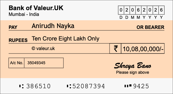 How to write a cheque for 10.08 crore rupees