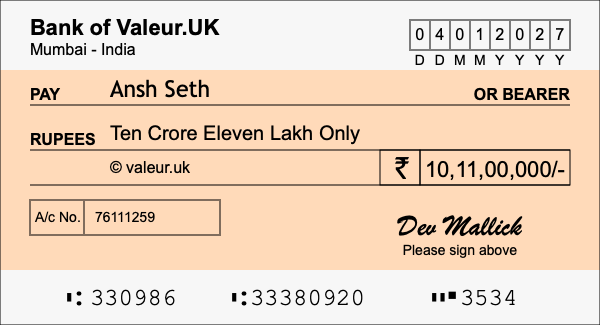 How to write a cheque for 10.11 crore rupees