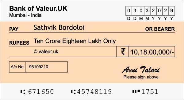 How to write a cheque for 10.18 crore rupees