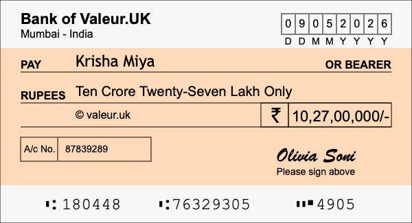 How to write a cheque for 10.27 crore rupees