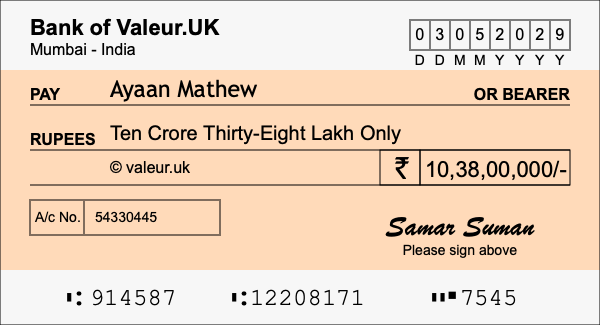 How to write a cheque for 10.38 crore rupees