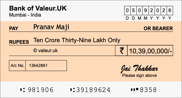 How to write a cheque for 10.39 crore rupees