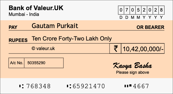 How to write a cheque for 10.42 crore rupees