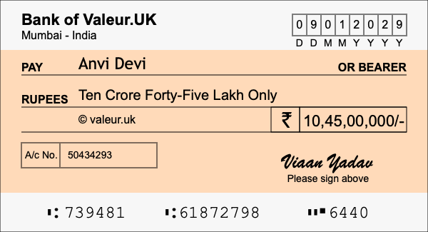 How to write a cheque for 10.45 crore rupees