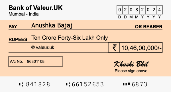 How to write a cheque for 10.46 crore rupees