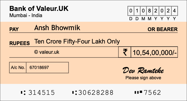 How to write a cheque for 10.54 crore rupees