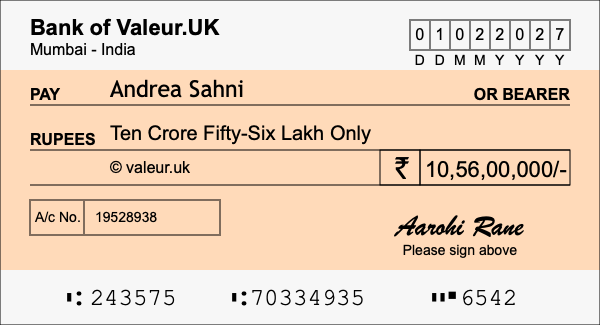 How to write a cheque for 10.56 crore rupees