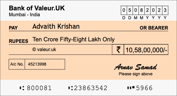 How to write a cheque for 10.58 crore rupees